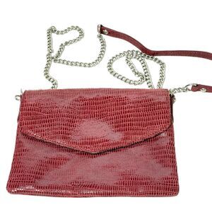 Travel Smith Crossbody Soft Leather Purse Red Lizard Emboss Chain Card Slots